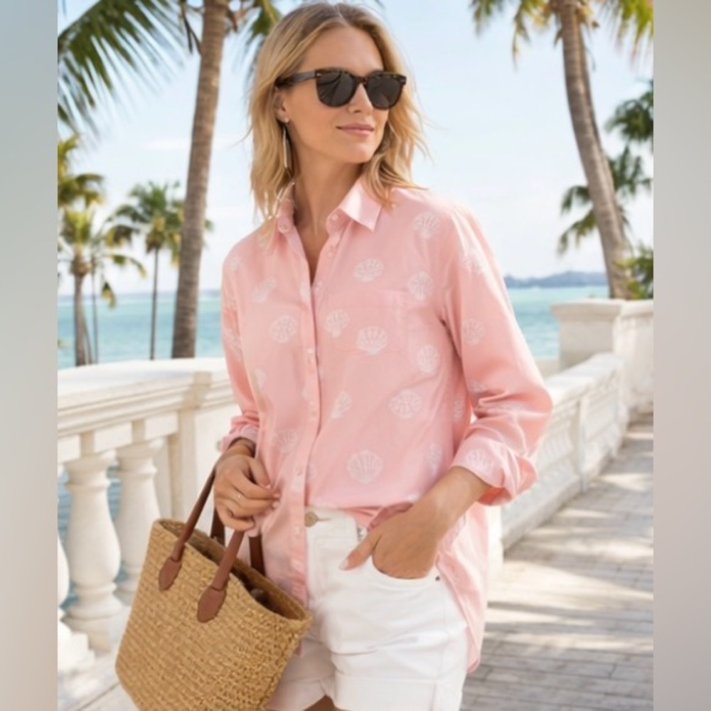 J.Crew Pink Shell Print Lightweight Cotton Button Down Shirt XL Coastal Beach